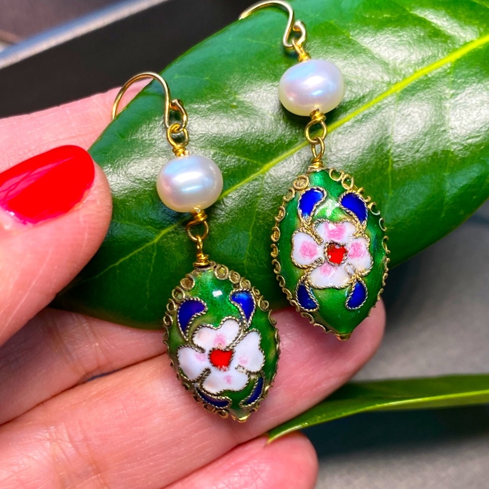 Sterling Silver Cloisonne Enamel Pearl Gold Plated Flower Dangle Earrings